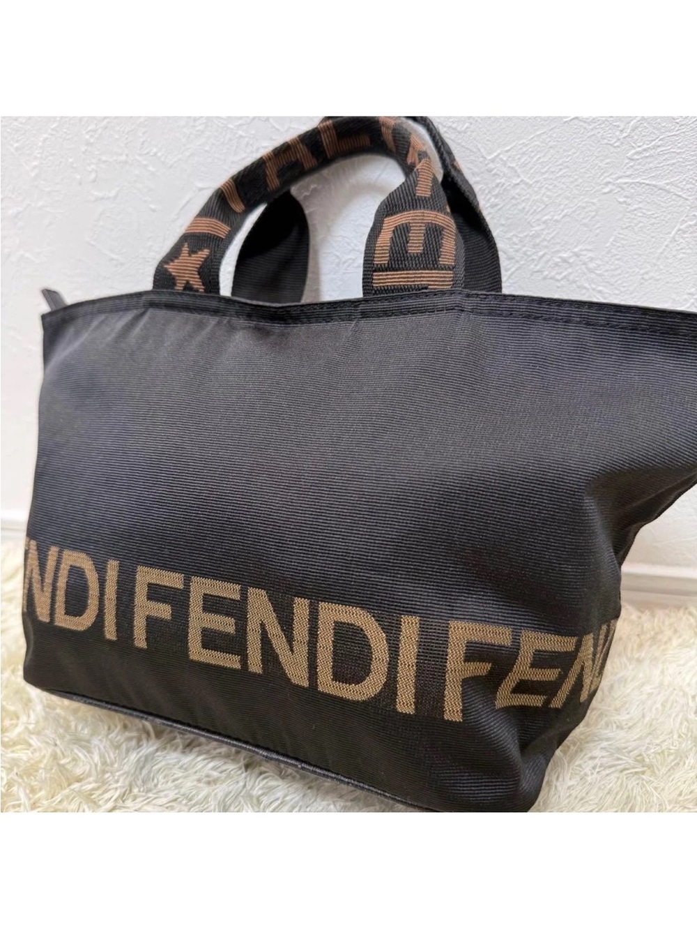 Fendi Logo Nylon Tote Bag Black Brown Top Handle Zipper B5 Unisex Authentic Mini
